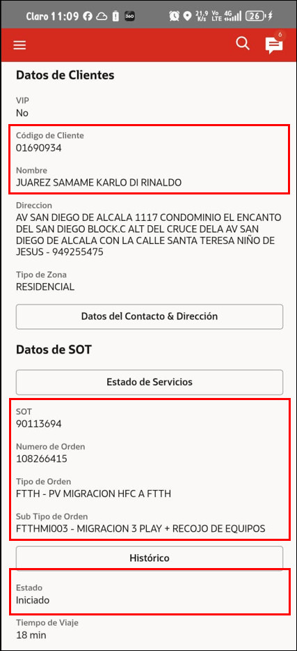 Ejemplo de captura de SOT en TOA